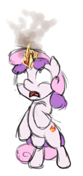 Size: 200x425 | Tagged: safe, artist:untiltheballoons, edit, character:sweetie belle, species:pony, species:unicorn, alternate cutie mark, cropped, female, fire, horn on fire, on fire, pyro belle, rearing, simple background, sketch, solo, sweetie fail, white background