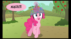 Size: 1250x693 | Tagged: safe, artist:psyxofthoros, edit, character:pinkie pie, species:earth pony, species:pony, artificial horn, artificial unicorn, comic, cropped, female, magic, solo, the unic-o-tronic 1000!, xk-class end-of-the-world scenario