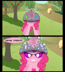 Size: 1250x1391 | Tagged: safe, artist:psyxofthoros, edit, character:applejack, character:pinkie pie, artificial horn, artificial unicorn, comic, cropped, evil grin, glowing eyes, grin, magic, smiling, the unic-o-tronic 1000!, xk-class end-of-the-world scenario