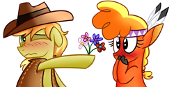 Size: 2000x1000 | Tagged: dead source, safe, artist:radek1212, character:braeburn, character:little strongheart, species:buffalo, species:earth pony, species:pony, ship:braeheart, blushing, clothing, cute, female, floppy ears, flower, hat, hoof hold, looking away, male, nervous, nose wrinkle, one eye closed, shipping, shy, simple background, stallion, straight, surprised, wavy mouth, white background, wide eyes, wink