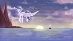 Size: 1920x1080 | Tagged: safe, artist:zefirayn, oc, oc only, species:bird, cloud, flying, mountain, ocean, scenery, ship, solo, sunset