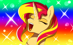 Size: 4000x2500 | Tagged: safe, artist:wilshirewolf, character:sunset shimmer, species:pony, species:unicorn, g4, abstract background, absurd resolution, crossover, eyes closed, fabulous secret powers, female, he-man, heyyeyaaeyaaaeyaeyaa, mare, meme, open mouth, solo, sunset shimmer day, three quarter view