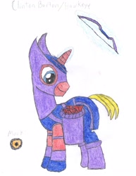 Size: 2550x3300 | Tagged: safe, artist:aridne, arrow, avengers, bow (weapon), hawkeye, marvel comics, ponified, quiver, solo, weapon