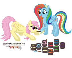 Size: 1500x1200 | Tagged: safe, artist:isegrim87, character:fluttershy, character:rainbow dash, paint, paint in hair, paint on feathers, paint on fur, painting characters, recolor, role reversal