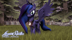 Size: 1920x1080 | Tagged: safe, artist:thelunagames, character:princess luna, 3d, female, forest, grass, solo, spread wings, wings