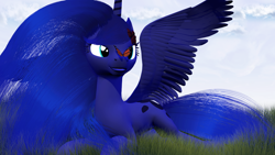 Size: 1920x1080 | Tagged: safe, artist:thelunagames, character:princess luna, 2d, 3d, butterfly, female, grass, prone, smiling, solo, spread wings, wings