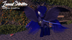 Size: 1920x1080 | Tagged: safe, artist:thelunagames, character:princess luna, 3d, bench, clothing, coca-cola, female, flower, ribbon, socks, soda can, solo, spread wings, wings