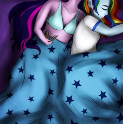 Size: 1536x1545 | Tagged: safe, artist:mylittlelevi64, character:rainbow dash, character:twilight sparkle, ship:twidash, my little pony:equestria girls, blanket, blue underwear, book, bra, breasts, cleavage, clothing, cuddling, female, humanized, lesbian, shipping, snuggling, t-shirt, underwear