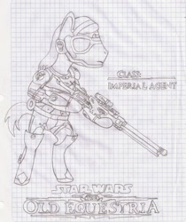 Size: 1504x1792 | Tagged: safe, artist:tay-houby, oc, oc only, oc:sirius, species:earth pony, species:pony, bipedal, black and white, crossover, graph paper, grayscale, gun, hooves, imperial agent, lined paper, male, monochrome, optical sight, rifle, simple background, sniper rifle, solo, stallion, star wars, star wars: the old republic, text, traditional art, weapon
