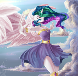 Size: 4000x3910 | Tagged: safe, artist:zefirayn, character:princess celestia, species:alicorn, species:anthro, species:pony, armpits, clothing, cloud, cute, dress, eyes closed, female, fluffy, flying, grin, smiling, solo, spread wings, windswept mane, wings