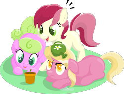 Size: 4000x3040 | Tagged: safe, artist:vulthuryol00, character:daisy, character:lily, character:lily valley, character:roseluck, colored pupils, cute, cuteluck, dripping, flower pot, flower trio, frown, lilybetes, looking at something, looking up, lying down, missing cutie mark, open mouth, potted plant, prone, simple background, smiling, transparent background, watering can