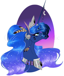 Size: 1305x1547 | Tagged: safe, artist:legally-psychotic, character:princess luna, bust, color porn, crown, eyelashes, feather, female, horn jewelry, horn ring, horse, horsified, jewelry, lidded eyes, looking up, modified accessory, necklace, portrait, profile, regalia, simple background, solo, transparent background, watermark