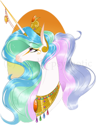 Size: 1240x1594 | Tagged: safe, artist:legally-psychotic, character:princess celestia, species:pony, bust, eyelashes, eyeshadow, female, horn jewelry, horn ring, jewelry, lidded eyes, looking up, makeup, mare, modified accessory, necklace, portrait, profile, simple background, solo, transparent background, watermark