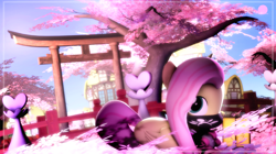 Size: 1920x1079 | Tagged: safe, artist:doge4ce, character:fluttershy, 3d, archway, building, cherry blossoms, cute, female, flower, mask, prone, shyabetes, solo, source filmmaker, tree