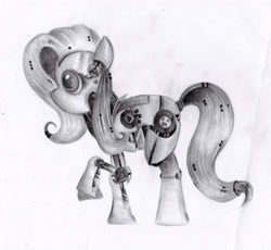 Size: 4730x4345 | Tagged: safe, artist:flutterstormreturns, character:fluttershy, absurd resolution, female, flutterbot, grayscale, monochrome, pencil drawing, profile, raised hoof, robot, solo, traditional art