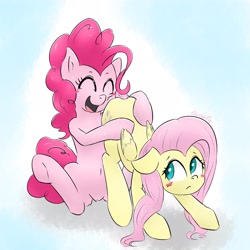 Size: 2048x2048 | Tagged: safe, artist:gamijack, character:fluttershy, character:pinkie pie, ship:flutterpie, blushing, butt touch, butthug, eyes closed, faceful of ass, female, hoof on butt, hug, lesbian, open mouth, shipping, smiling