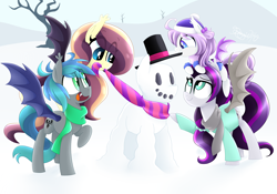 Size: 3000x2100 | Tagged: safe, artist:siggie740, oc, oc only, oc:lunar lily, oc:sweet hum, oc:swift edge, parent:oc:sweet hum, parent:oc:swift edge, parents:oc x oc, species:bat pony, species:pony, clothing, coat, cute, family, female, filly, husband and wife, male, ocbetes, offspring, parents:sweetedge, scarf, siblings, sisters, snow, snowpony, sweetedge, winter outfit