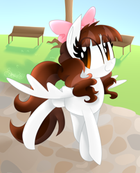 Size: 1700x2100 | Tagged: safe, artist:siggie740, oc, oc only, oc:jennabun, species:pegasus, species:pony, bow, cute, hair bow, ocbetes, park bench, pathway, smiling, solo, spread wings, wings