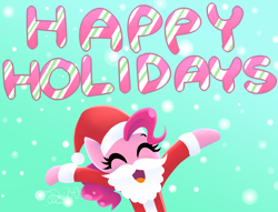 Size: 3400x2600 | Tagged: safe, artist:siggie740, character:pinkie pie, clothing, costume, cute, female, happy, happy holidays, hat, open mouth, raised hoof, santa costume, santa hat, solo