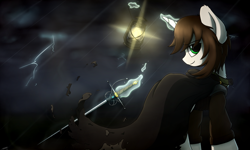 Size: 3000x1800 | Tagged: safe, artist:avastin4, oc, oc only, oc:light landstrider, species:pony, species:unicorn, lamp, lantern, looking at you, looking back, magic, rapier, solo, storm, sword, thunderstorm, weapon