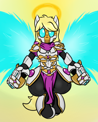 Size: 800x1000 | Tagged: safe, artist:happydeadpony, oc, oc only, oc:messa, species:pony, angel, angelic, armor, artificial wings, augmented, blonde, clothing, colored, female, fire halo, gun, halo, helmet, hips, holy, holy halo, magic, magic wings, mare, mask, pose, scarf, solo, weapon, wings