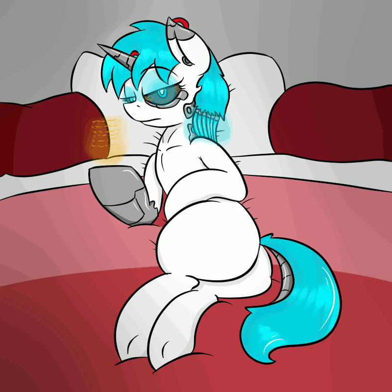 Size: 800x800 | Tagged: safe, artist:happydeadpony, oc, oc only, oc:mikky, species:pony, species:unicorn, g4, animated, bed, camera, colored, cute, cyberghost, cyborg, effect, error, female, gif, glitch, glow, glowing eyes, lag, mare, metal, mikky, on side, plot, projection, solo, white