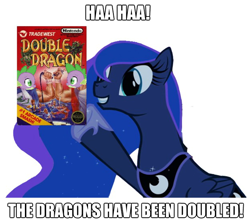 Size: 622x552 | Tagged: safe, artist:pinkiepizzles, character:princess luna, character:spike, double dragon, image macro, pun, the fun has been doubled