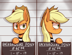 Size: 2600x2000 | Tagged: safe, artist:malphee, character:applejack, background pony, background pony applejack, clothing, female, high res, mugshot, prison outfit, prison stripes, solo