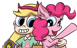 Size: 2343x1474 | Tagged: safe, artist:raktor, derpibooru original, character:pinkie pie, crossover, duo, heart, simple background, star butterfly, star vs the forces of evil, the multiverse is doomed, this will end in parties, xk-class end-of-the-world scenario
