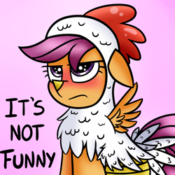 Size: 950x950 | Tagged: dead source, safe, artist:radek1212, character:scootaloo, species:chicken, angry, animal costume, blatant lies, blushing, chicken suit, clothing, costume, cute, cutealoo, female, floppy ears, pink background, scootachicken, scootaloo is not amused, simple background, solo, tsundaloo, tsundere