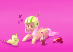 Size: 4093x2894 | Tagged: safe, artist:brainflowcrash, character:fluttershy, absurd resolution, blaster, clothing, commander keen, cosplay, costume, drink, female, helmet, looking at something, prone, reference, simple background, slug, solo
