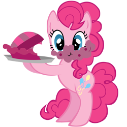 Size: 3072x3072 | Tagged: safe, artist:lazypixel, edit, character:pinkie pie, carrying, eating, female, food, looking at you, messy eating, photoshop, pie, pun, simple background, solo, transparent background, vector, vector edit, visual gag