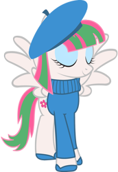 Size: 1000x1457 | Tagged: safe, artist:cool77778, character:blossomforth, species:pegasus, species:pony, beatnik, beret, clothing, female, french, simple background, solo, stereotype, sweater, transparent background