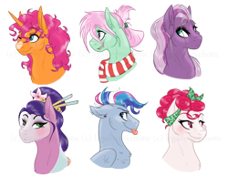 Size: 1500x1160 | Tagged: safe, artist:legally-psychotic, character:minty, character:sparkleworks, character:wysteria, species:pony, g3, bust, clothing, kimono, portrait, scarf, shenanigans (character), strawberry swirl, tongue out