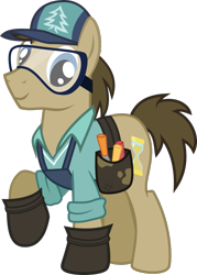 Size: 711x994 | Tagged: safe, artist:pacificgreen, character:doctor whooves, character:douglas spruce, character:evergreen, character:time turner, species:pony, cap, clothes swap, clothing, goggles, hat, hoof shoes, male, safety goggles, simple background, solo, toolbelt, transparent background, vector, voice actor joke