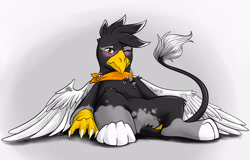 Size: 2952x1889 | Tagged: safe, artist:alexispaint, oc, oc only, oc:angelio pennelo, species:griffon, bandana, blushing, clothing, gradient background, male, one eye closed, scarf, solo