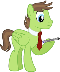 Size: 736x891 | Tagged: safe, artist:pacificgreen, character:doctor whooves, character:douglas spruce, character:evergreen, character:time turner, species:pegasus, species:pony, clothes swap, doctor who, male, necktie, simple background, solo, sonic screwdriver, the doctor, transparent background, vector, voice actor joke