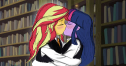 Size: 1128x596 | Tagged: safe, artist:angeltorchic, character:sunset shimmer, character:twilight sparkle, ship:sunsetsparkle, my little pony:equestria girls, blushing, canterlot academia, clothing, eyes closed, female, kissing, lesbian, library, making out, shipping