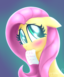 Size: 1400x1700 | Tagged: safe, artist:siggie740, character:fluttershy, blushing, bust, cute, female, floppy ears, gradient background, looking at you, mouth hold, note, portrait, shyabetes, simple background, solo, valentine's day
