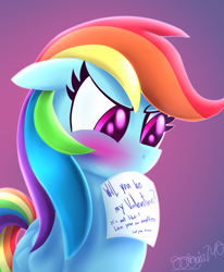 Size: 1400x1700 | Tagged: safe, artist:siggie740, character:rainbow dash, blushing, cute, dashabetes, female, letter, looking away, mouth hold, signature, simple background, solo, tsunderainbow, tsundere, valentine's day