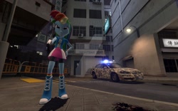 Size: 1024x640 | Tagged: safe, artist:tonystorm12, character:rainbow dash, my little pony:equestria girls, 3d, boots, car, clothing, compression shorts, female, gun, police car, scenery, skirt, socks, solo, watermark, weapon, wristband