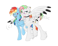 Size: 2300x1800 | Tagged: safe, artist:legally-psychotic, character:rainbow dash, oc, oc:stained glass, species:pegasus, species:pony, canon x oc, colored wings, colored wingtips, ear piercing, female, lesbian, mare, nose piercing, piercing, shipping, simple background, transparent background, unshorn fetlocks, wing piercing