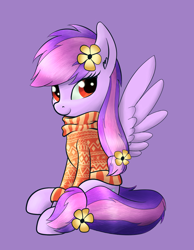 Size: 1294x1667 | Tagged: safe, artist:breakdream, oc, oc only, oc:moonlight blossom, species:pegasus, species:pony, clothing, female, flower, flower in hair, mare, simple background, sitting, solo, spread wings, sweater, wings