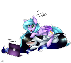Size: 2838x2528 | Tagged: safe, artist:harmonyskish, oc, oc only, oc:cyan crystal, oc:moonflare, species:pegasus, species:pony, blushing, computer, female, gay, high res, laptop computer, male, mare, prone, simple background, transparent background