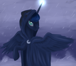 Size: 2000x1733 | Tagged: safe, artist:wourdeluck, character:princess luna, species:alicorn, species:pony, episode:a hearth's warming tail, g4, my little pony: friendship is magic, cloak, clothing, female, glowing horn, mare, snow, snowfall, solo, spirit of hearth's warming yet to come, spread wings, wings