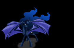 Size: 3928x2562 | Tagged: safe, artist:legally-psychotic, character:princess luna, species:alicorn, species:bat pony, species:pony, bat pony alicorn, bat wings, black background, curved horn, female, high res, lunabat, race swap, simple background, solo, spread wings, wings