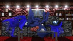 Size: 4000x2250 | Tagged: safe, artist:thelunagames, character:princess luna, character:queen chrysalis, character:twilight sparkle, character:twilight sparkle (alicorn), species:alicorn, species:pony, 3d, apple, bookshelf, cinema 4d, computer, couch, cup, female, food, laptop computer, on back, sculpture, solo, teacup, traditional art