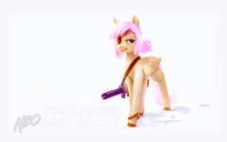 Size: 4093x2560 | Tagged: safe, artist:brainflowcrash, character:fluttershy, absurd resolution, alternate hairstyle, alternate universe, cyberpunk, eyepatch, female, folded wings, gun, lidded eyes, looking at you, solo, standing, title, weapon