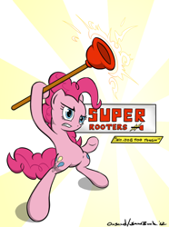 Size: 900x1208 | Tagged: safe, artist:onsaud, artist:saw-buck, character:pinkie pie, species:earth pony, species:pony, bipedal, female, plunger, sign, solo