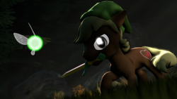 Size: 1920x1080 | Tagged: safe, artist:wiizzie, character:quarter hearts, 3d, mouth hold, navi, parasprite, rupee, solo, sword, the legend of zelda, the legend of zelda: ocarina of time, weapon